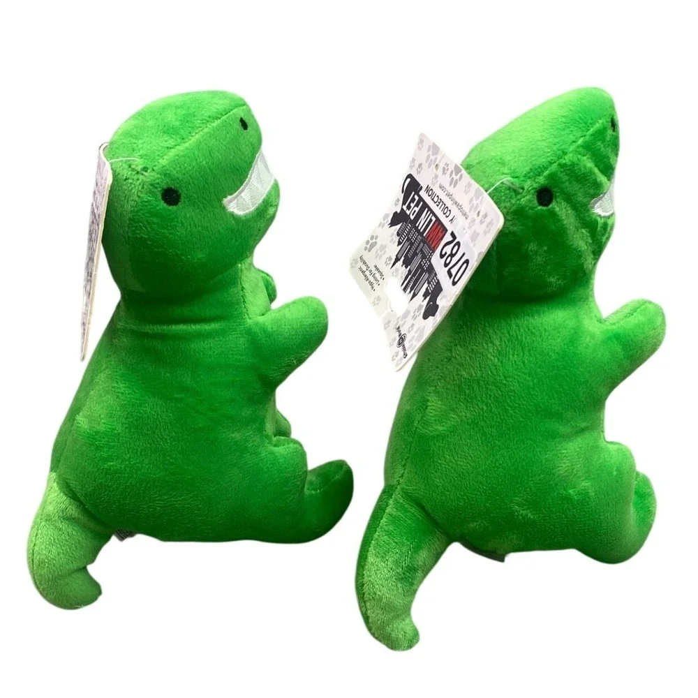 Lot of 2 Green T-Rex Dinosaur Dog Toy Plush Squeaker 9